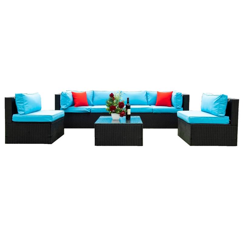 Black+Blue 5 Pieces PE Rattan All-Weather Sectional Outdoor Furniture Set with Comfort Cushions and Pillows and Coffee Table