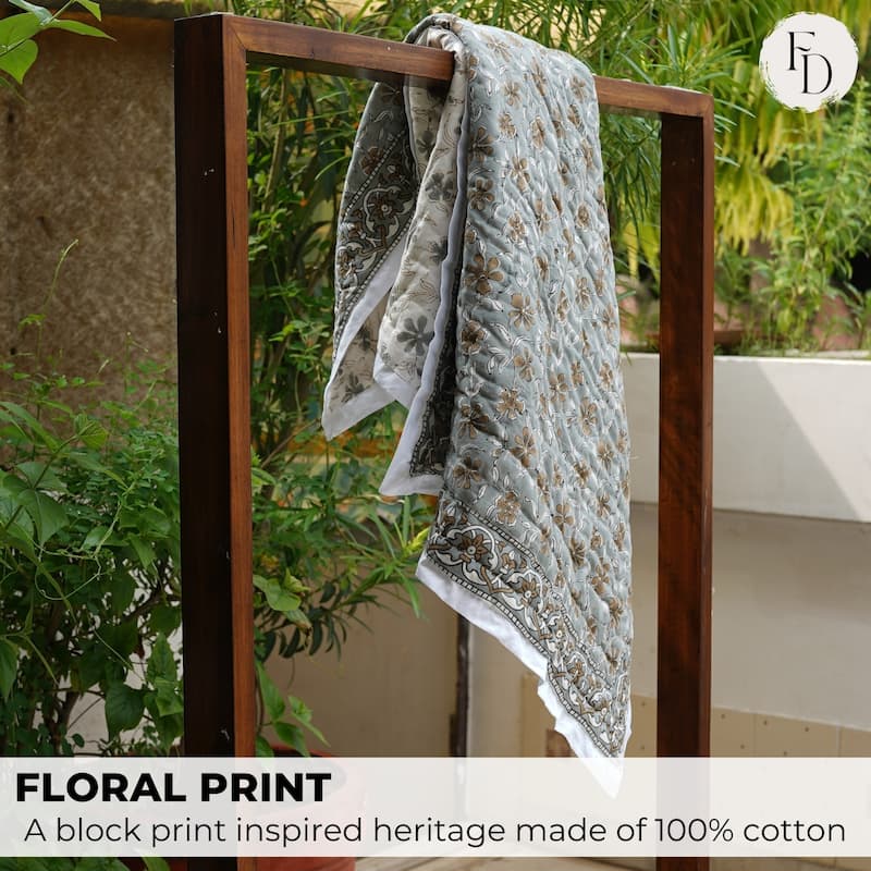 Fabdivine Artisan Handmade 100% Cotton Quilt - Brown Green Floral Block Print, Reversible Bohemian Bedding for Home