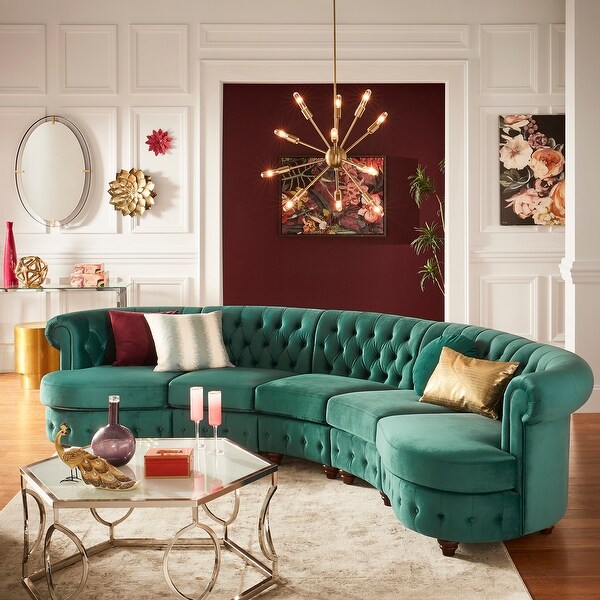 Shop Morgan Velvet Tufted Scroll Arm Chesterfield 5-Seat Curved Sofa by