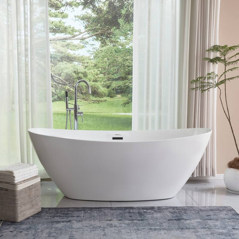 Vanity Art 71" Freestanding Acrylic Soaking Bathtub with Slotted Overflow & Pop-up Drain - 71/Soaking - White/Matte Black