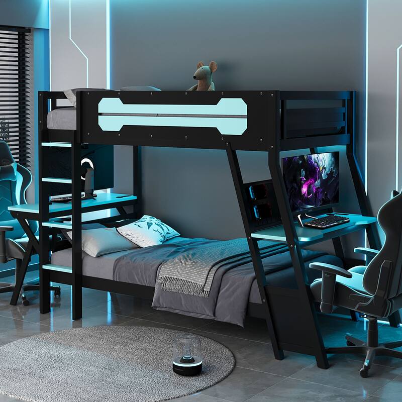 Gaming Bunk Bed Two Built-In Gaming Desks Each Side Loft Bed with USB Desktop Ports and Pegboard Organizer for Gaming Room Gamer - Blue - Twin