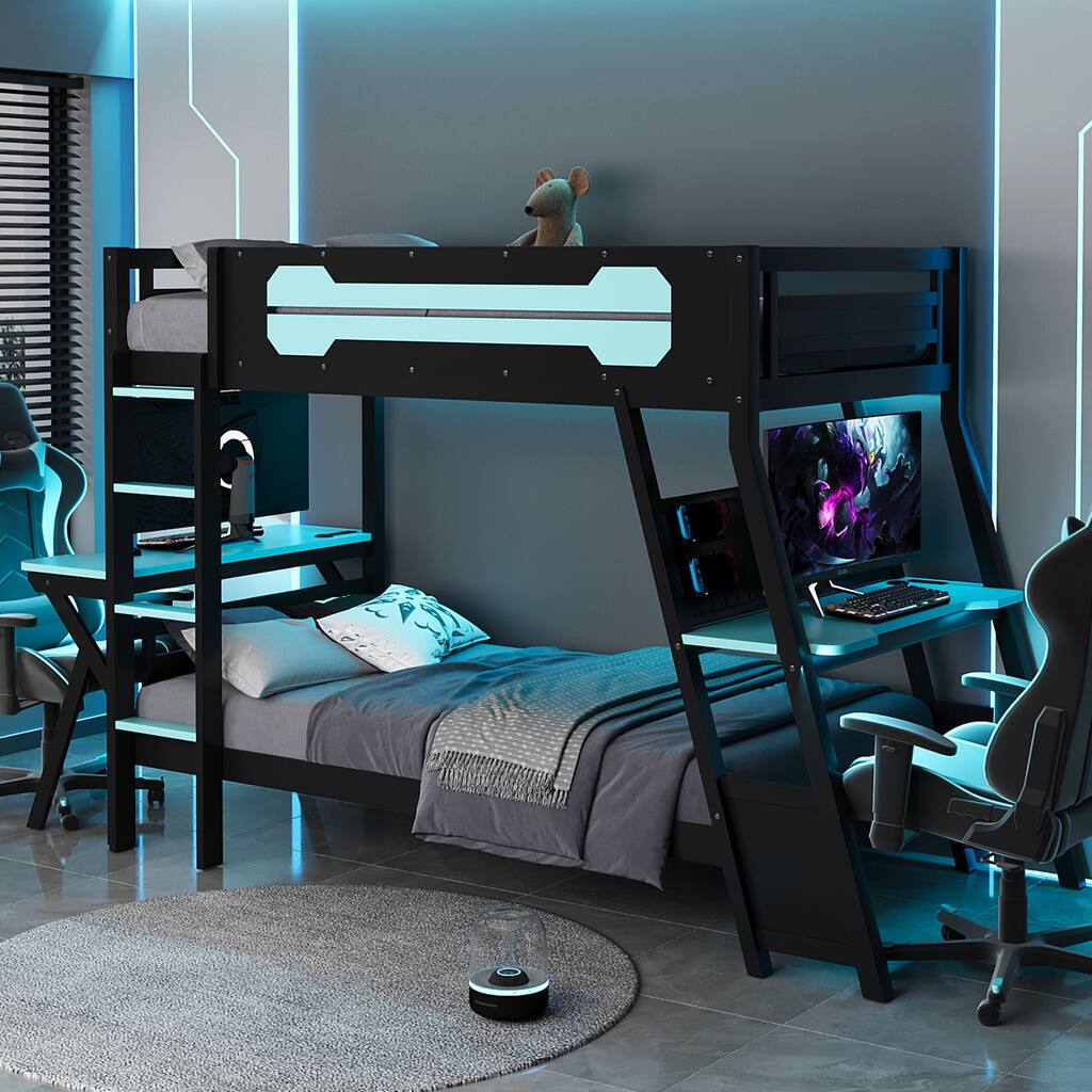 Roomfitters Twin Bunk Bed with Two Built-In Gaming Desks, USB Ports and Pegboard