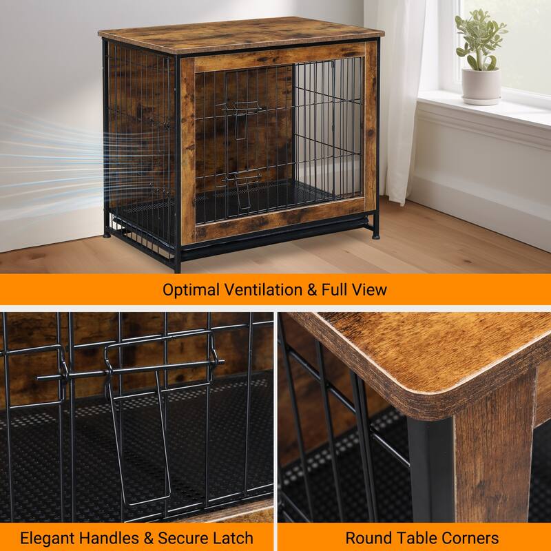 Rustic Brown Wooden Double Doors Dog Crate with Cushion and Adjustable Feet