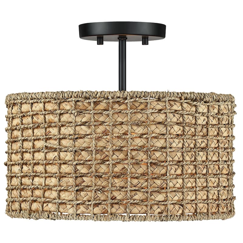 13.6 in. 2-Light Natural Rattan Semi-Flush Mount Ceiling Light with Black Canopy - Black/earthy - 13.6 in. W - 13.6 in. W
