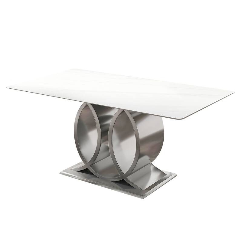 Modern Rectangle Stone Slab Tabletop Stainless Steel Pedestal Dining Table - 6 Seats - White