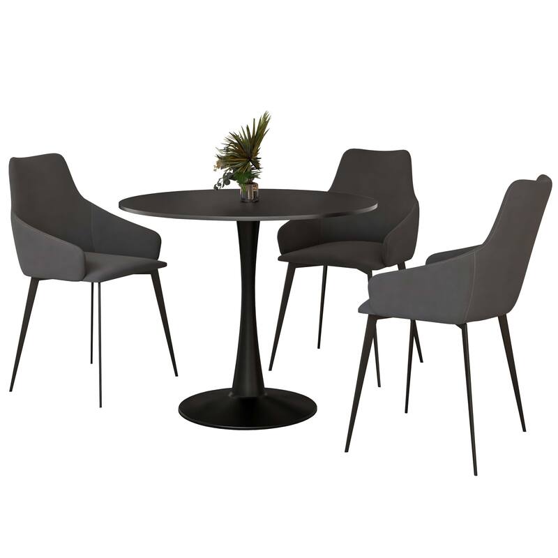 4-Piece Dining Set 35-Inch Round MDF Tabletop Dining Table and 3 Upholstered Side Chairs in Iron - Charcoal