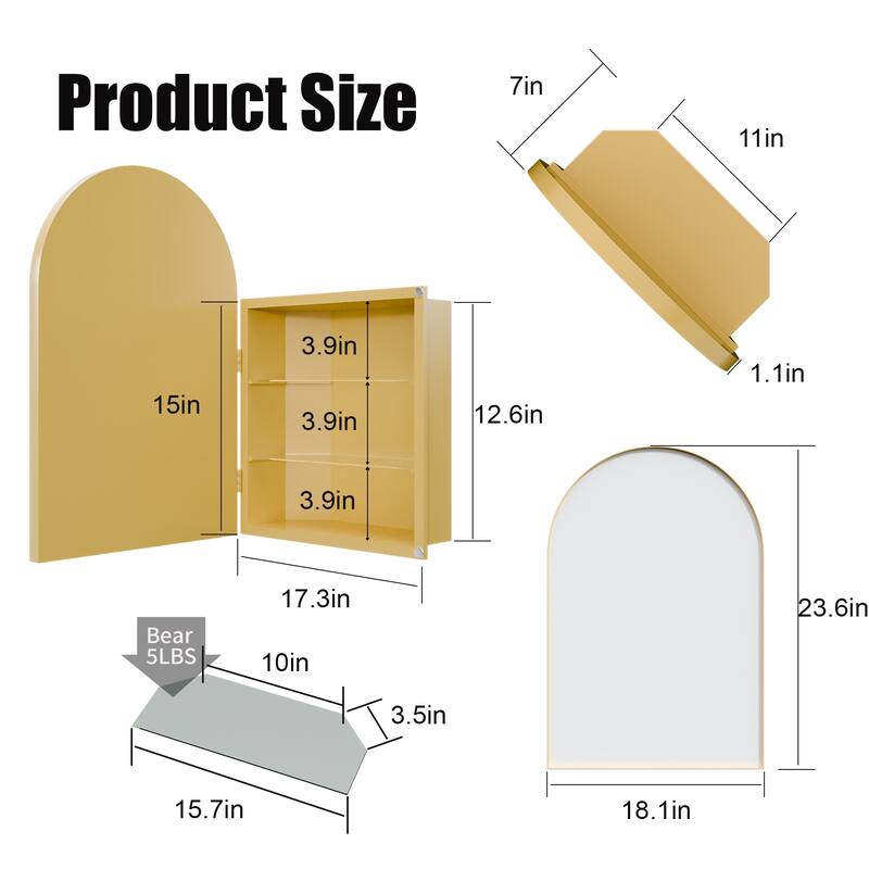 18x24 Inch Metal Corner Medicine Cabinet with Arched Mirror, Adjustable Glass Shelves, Space-Saving Bathroom Storage