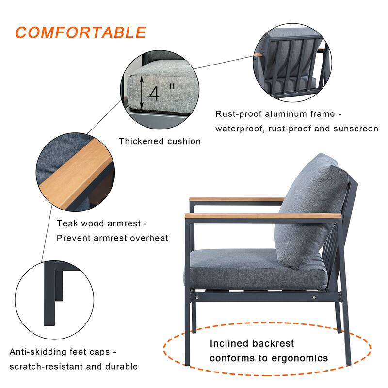 Patio 4 Piece Teak Finished Sectional Sofa, Matte Charcoal Aluminum Frame