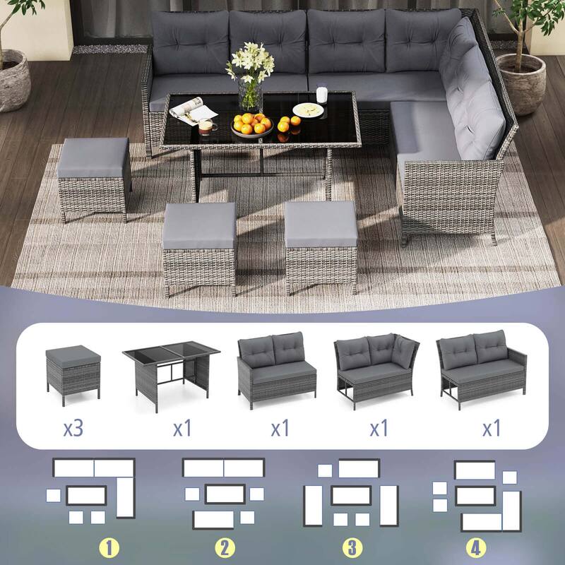 Costway 7 PCS Patio Dining Furniture Set PE Rattan Sectional Sofa Set - See Details