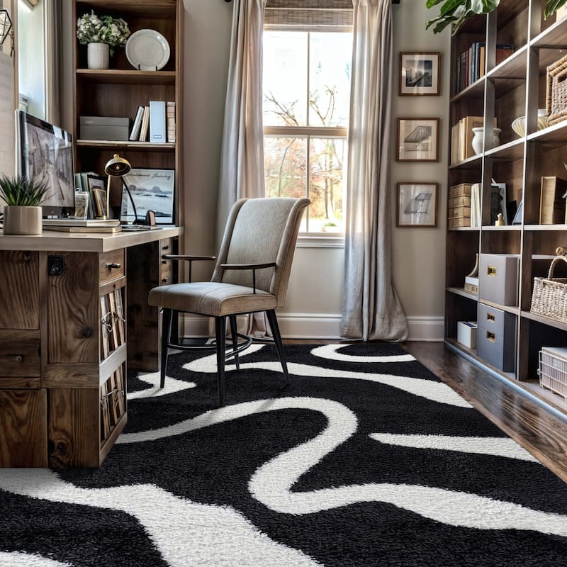 Striped Shag Rug - Durable for Living Room, Bedroom, or Entryway - Anthracite Dark Gray - Easy to Clean