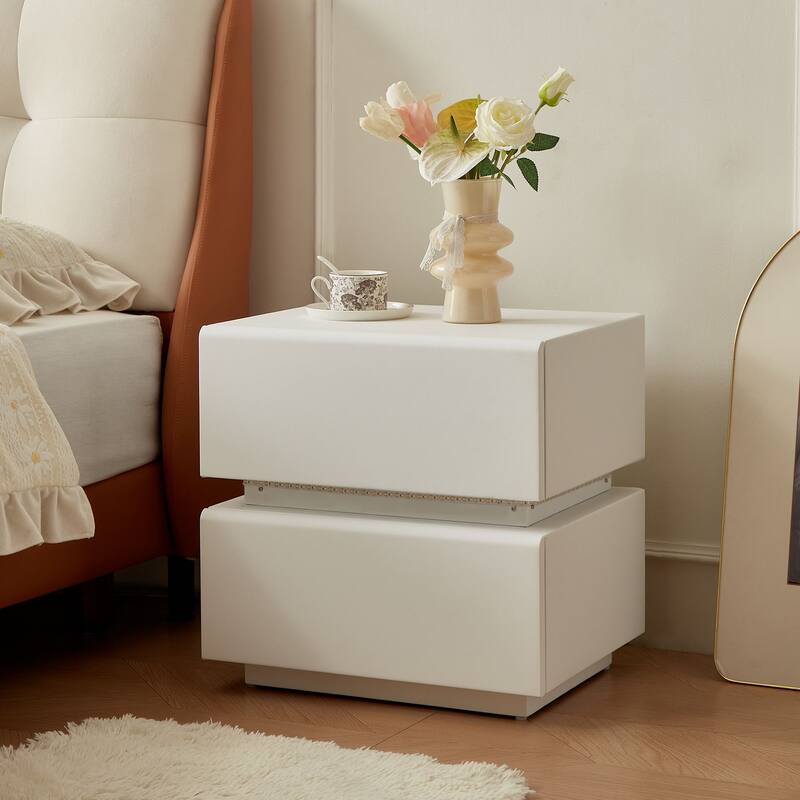 LED Light Bar Nightstand, 2 Drawer Modern Leather Wrapped Nightstand for End of Bed, Side Table, No Assembly Required - White - white - 2-drawer