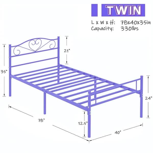 dimension image slide 0 of 4, VECELO Twin Size Metal Bed Frame Set of 2 Victorian Style Kids Beds with Heart Pattern Headboard No Box Spring Needed