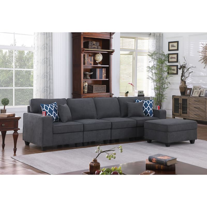 Woven Upholstered 4-Seater Sofa with Ottoman in Stone Gray - Stone Gray/Brown