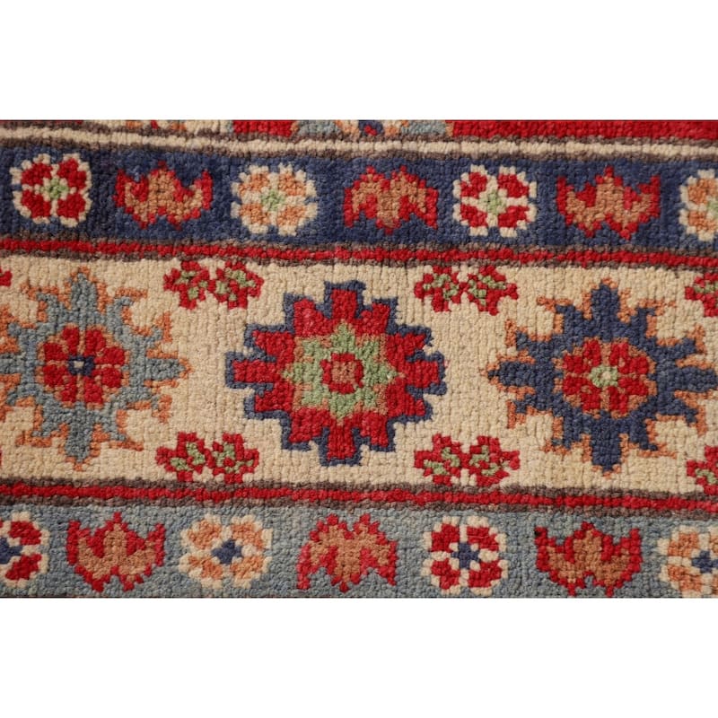 Red Geometric Kazak Foyer Rug Handmade Wool Carpet - 3'4"x 5'0"