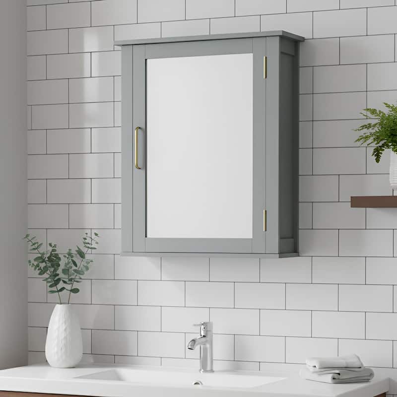 Teamson Home Mercer Gray Mid-Century Modern Medicine Cabinet, Mirrored Door, Adjustable Shelf, Removable Wall Storage