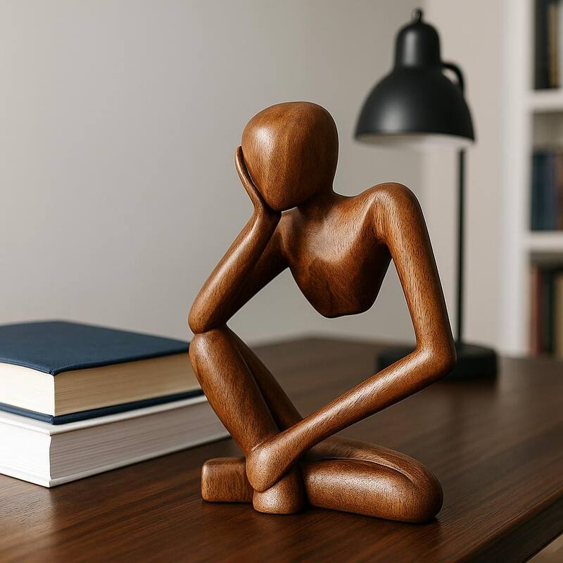 12" Wooden Handmade Abstract Sculpture Statue Handcrafted "Thinking Man" Gift Art Home Decor Figurine Decoration Hand Carved