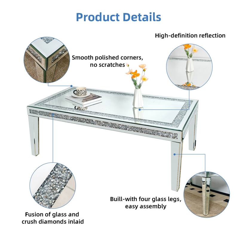 47.24” Long Luxury Modern Rectangular Mirrored Coffee Table with Crystal Diamonds Inlay, Living Room Center Table
