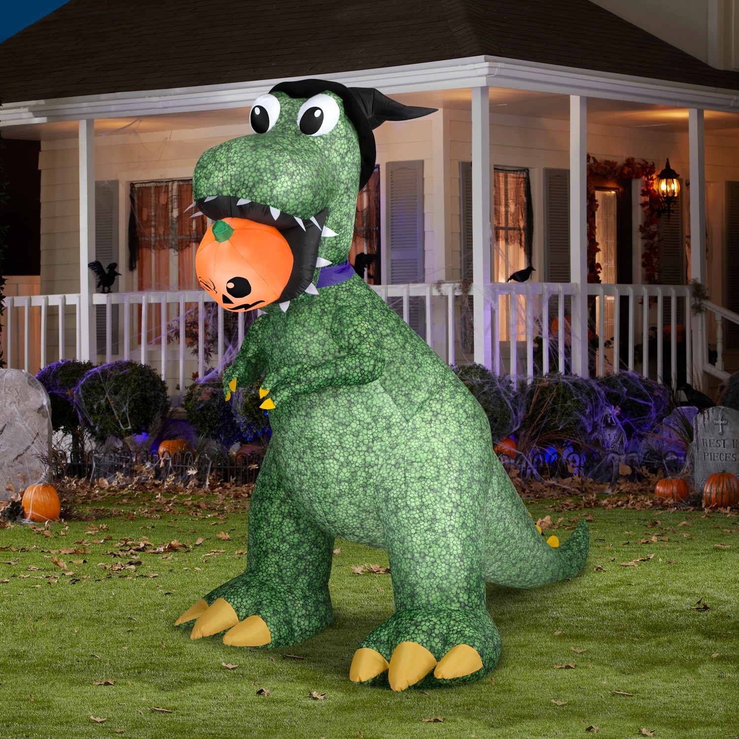 Gemmy Animated Halloween Inflatable T Rex w/ Jack O' Lantern, 7.5 ft Tall