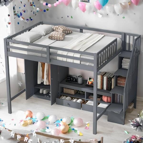 slide 2 of 28, Full Size Loft Bed with Wardrobe,Storage Table and Storage Staircase Grey