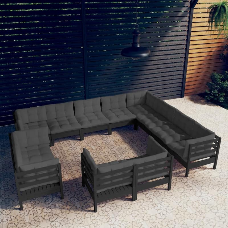 vidaXL Solid Pinewood Patio Lounge Set 13 Piece with Cushions Multi Colors - 25" x 25" x 24.6" - Grey