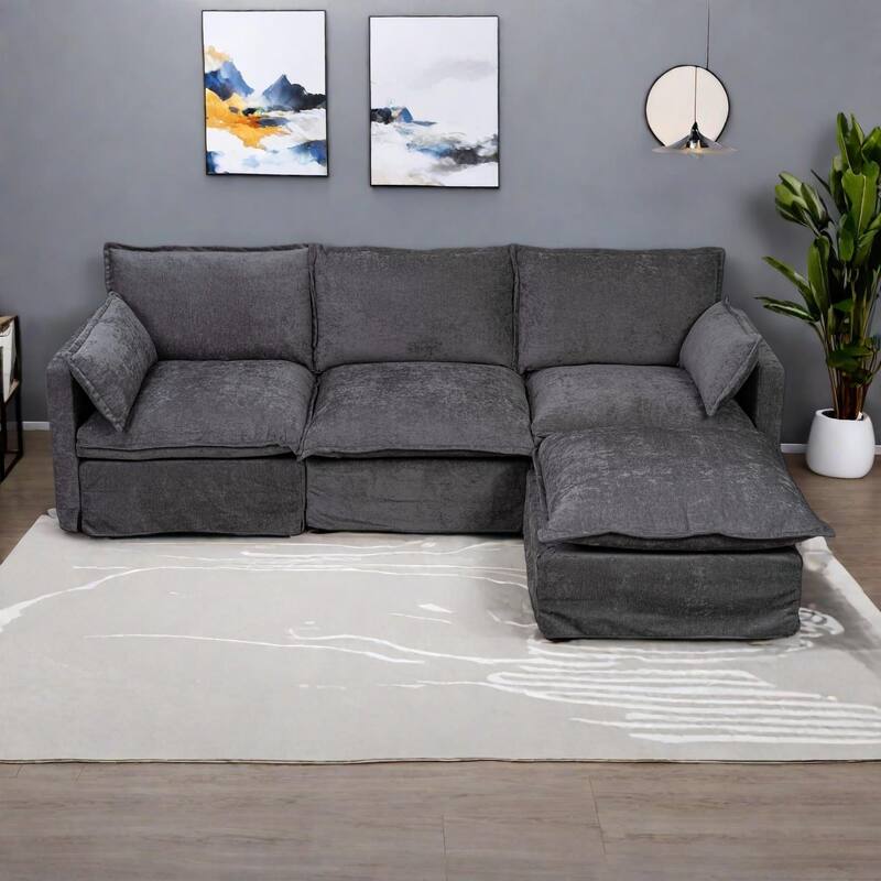 93.31" Linen Modular Sectional Sofa with Movable Ottoman, Solid Wood Frame, and High-Resilience Foam Cushions - Grey
