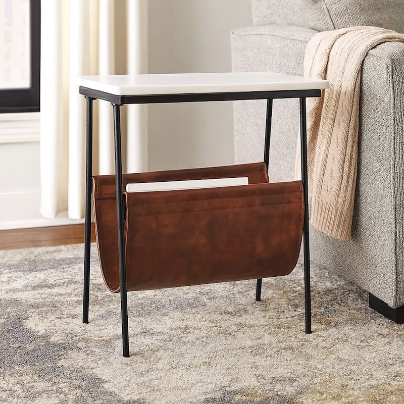 Marble Top Accent Table with Faux Leather Swing Holder, White and Brown