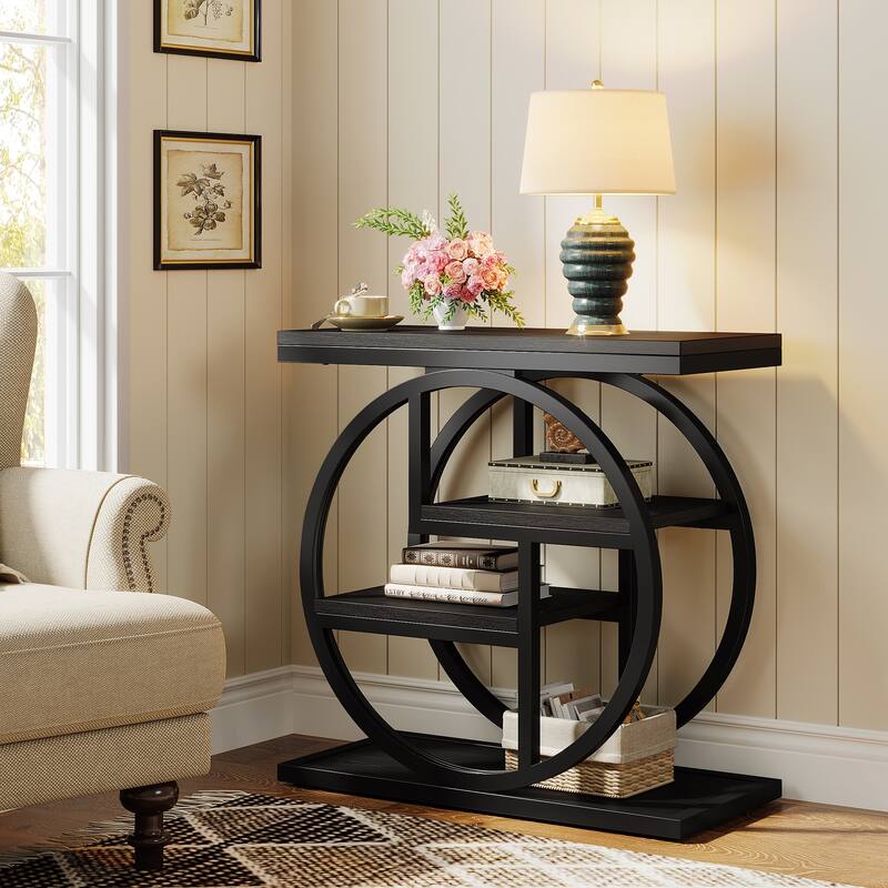 Industrial 4-tier Wood Narrow Side End Table with Storage Shelves