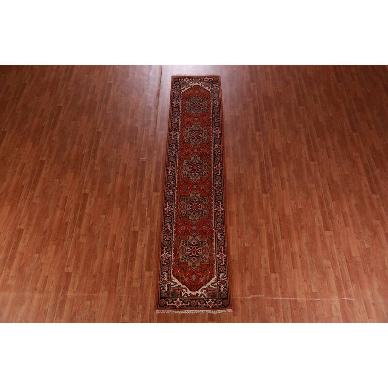 Hand Knotted Oriental 100% Wool Carpet Traditional Geometric Oranges & Rust Heriz (serapi) Runner Rug - 11' 8'' X 2' 6''