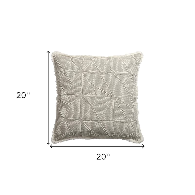 20" Beige and Ivory Throw Pillow with Embroidery and Fringe