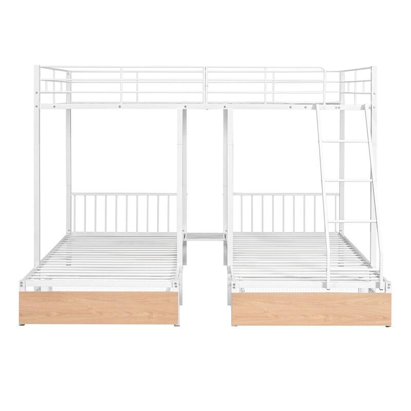 Metal Triple Bunk Bed,Full Over Twin & Twin Bunk Bed with Drawers and Guardrails,White