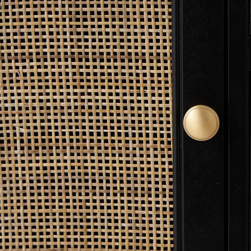 Black Wood Handmade 3 Drawers and 1 Door Cabinet with Rattan Front