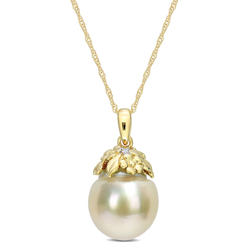 Miadora White South Sea Cultured Pearl and Diamond Accent Pendant in 14k Yellow Gold (9-10mm)