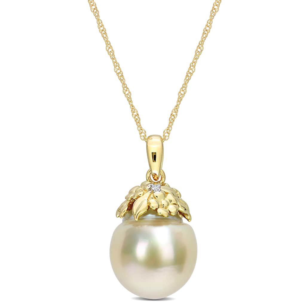 Miadora White South Sea Cultured Pearl and Diamond Accent Pendant in 14k Yellow Gold (9-10mm)