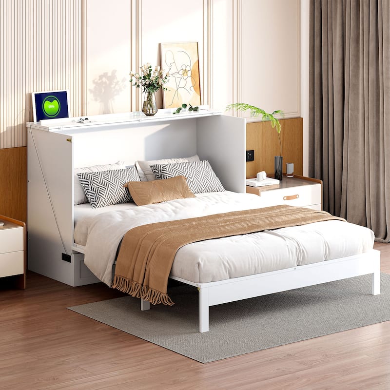 Murphy Bed with Large Drawers - White - Full