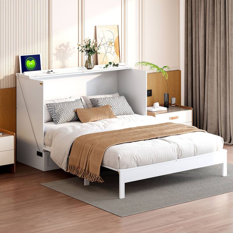 Wood Murphy Bed with Large Drawer and Charging Station, Foldable Cabinet Wall Chest Bed with Rattan Finish, Wood Slats Support - White - Full