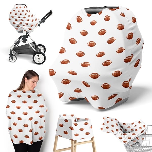 slide 2 of 6, Sweet Jojo Designs Brown and White Football Boy 5 in 1 Baby Car Seat Nursing Cover for Sport Theme Watercolor Vintage Collection