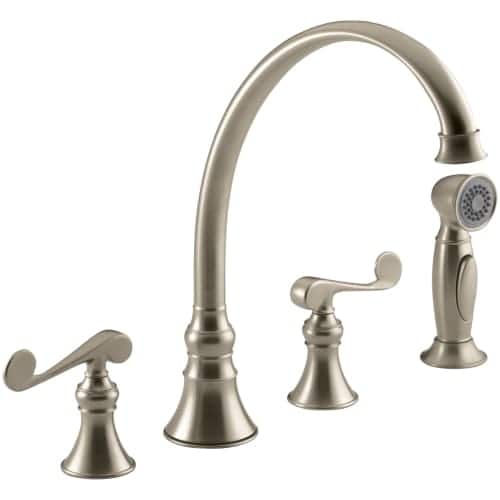 Kohler K 16109 4 Revival Widespread High Arch Gooseneck Kitchen Faucet Includes Metal Scroll Handles And Sidespray Kohler K 16109 4 Revival Widespread High Arch Gooseneck Kitchen Faucet Includes Metal Scroll Handles And Sidespray