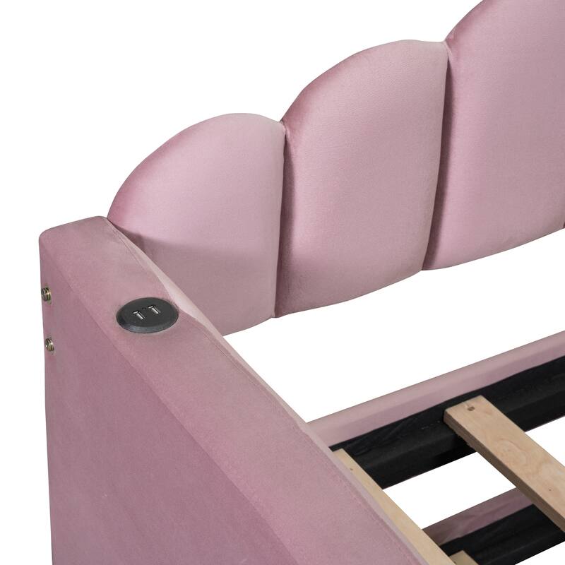 Twin Size Velvet Sofa Bed with USB Charging Ports and Trundle, Pink