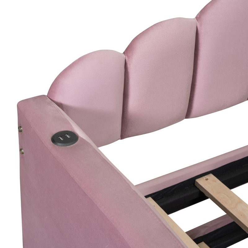 Vertical Stripes Backrest Daybed, USB Charging Ports on Armrest, Velvet Upholstered Sofabed wTrundle Bed, Wood Panel Bed Frame