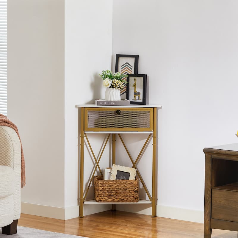 Javlergo Set of 2 Triangle Corner Side Table with Mesh Flip Top Storage Stable X-Frame Corner Table for Small Spaces