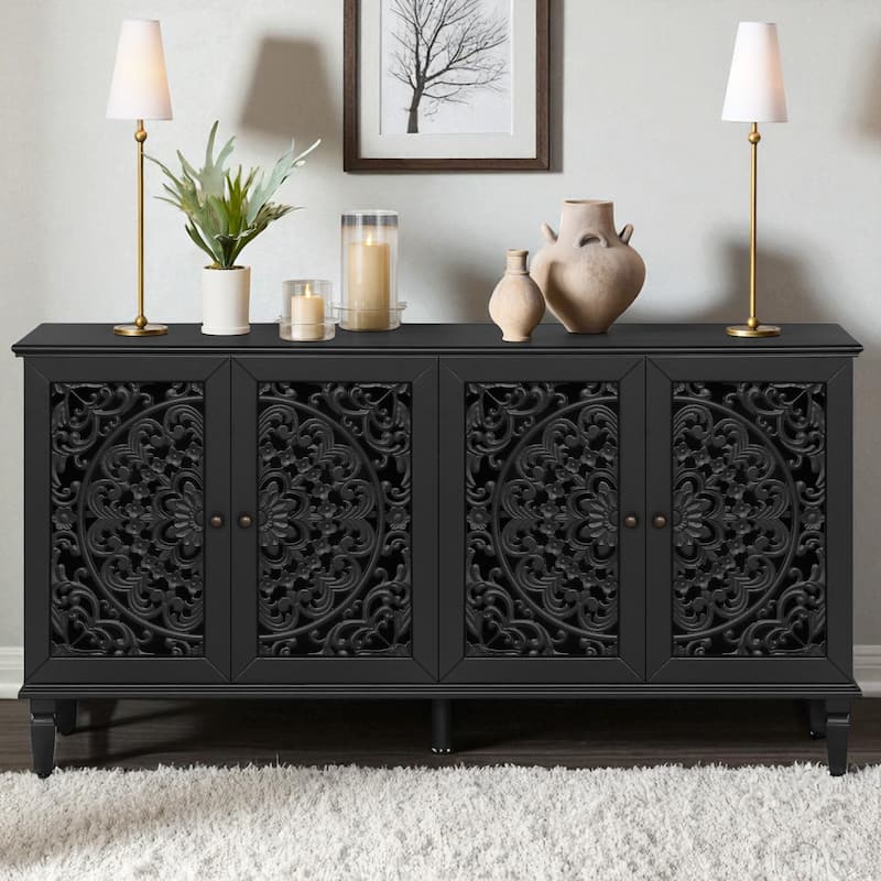 60" Antique Buffet Cabinet with Floral Carvings, Solid Wood Legs, Brass Handles, Adjustable Shelves, Sideboard or TV Stand - Black