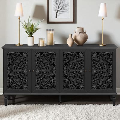 60" Antique Buffet Cabinet with Floral Carvings, Solid Wood Legs, Brass Handles, Adjustable Shelves, Sideboard or TV Stand