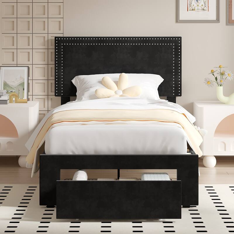 VECELO Upholstered Storage Bed Frames with 4 Storage Drawers, Platform Bed Frame with Adjustable Velvet Rivets Headboard - Black - Twin