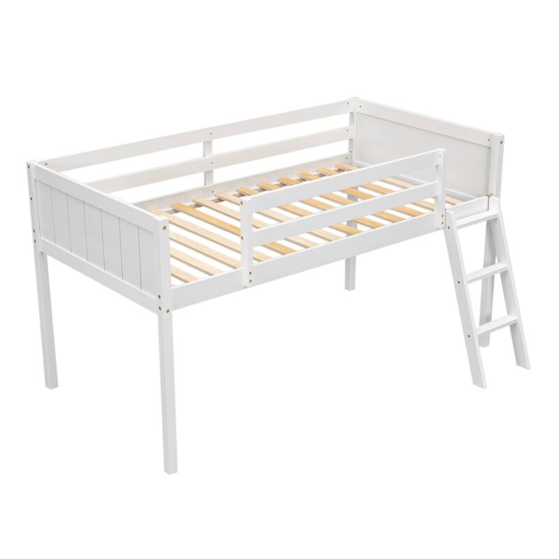 Solid Wood Low Loft Bed with Ladder and Fence Baffle, and Wood Slats Support for Bedroom