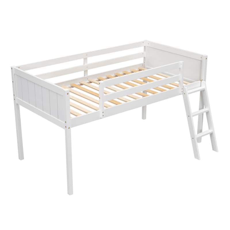 Twin Size Loft Bed with Ladder, Pine Wood Frame, Convertible Ladder Placement, Guardrails, and No Box Spring Required