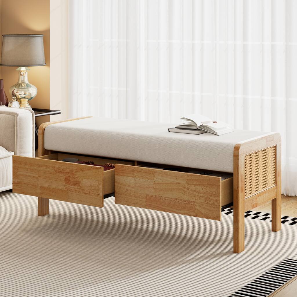 Upholstered Storage Ottoman Bench with Wooden Legs, Multipurpose Seat with Hidden Compartment for Bedroom and Living Room
