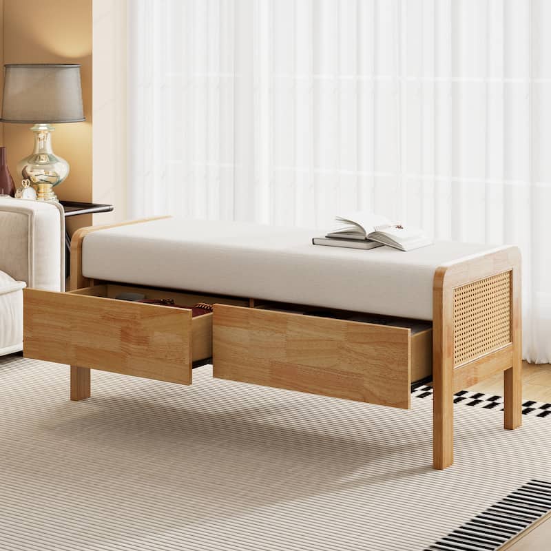 Upholstered Storage Ottoman Bench with Wooden Legs, Multipurpose Seat with Hidden Compartment for Bedroom and Living Room