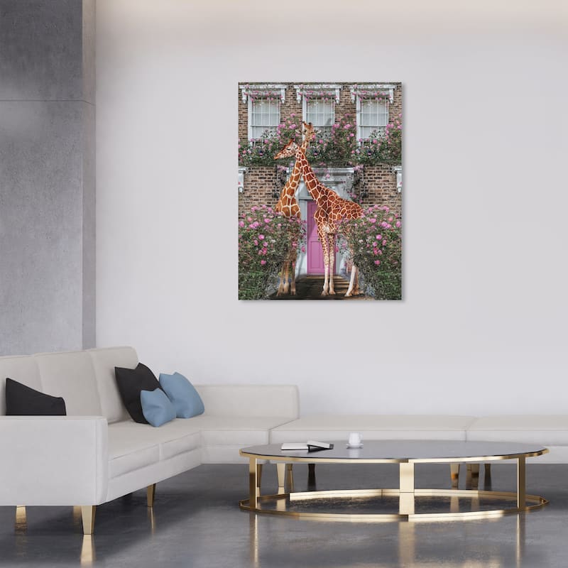 Wynwood Studio Canvas Animals Rose Garden Giraffes Pink and Modern & Contemporary Wall Art Canvas Print - Pink, Brown - 36 x 30