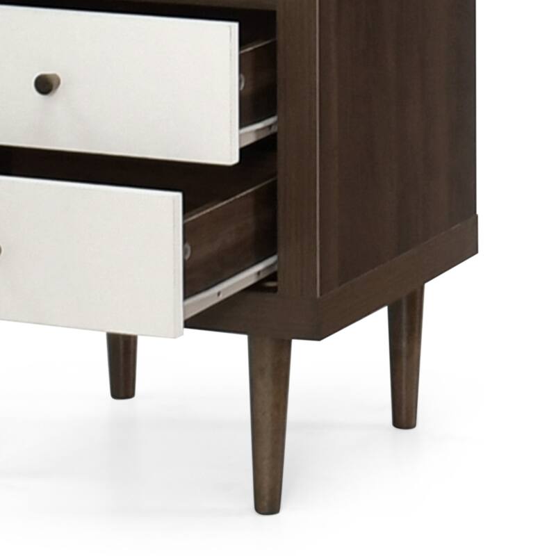 2-Drawer Nightstand with Mid-Century Design, Faux Wood Frame, and Rubberwood Legs, Storage Shelf