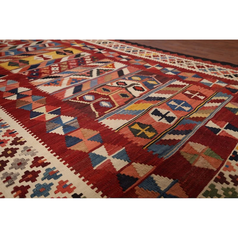 Vegetable Dye Red Kilim Qashqai Persian Vintage Hand-Woven Wool Carpet - 5'0"x 8'1"